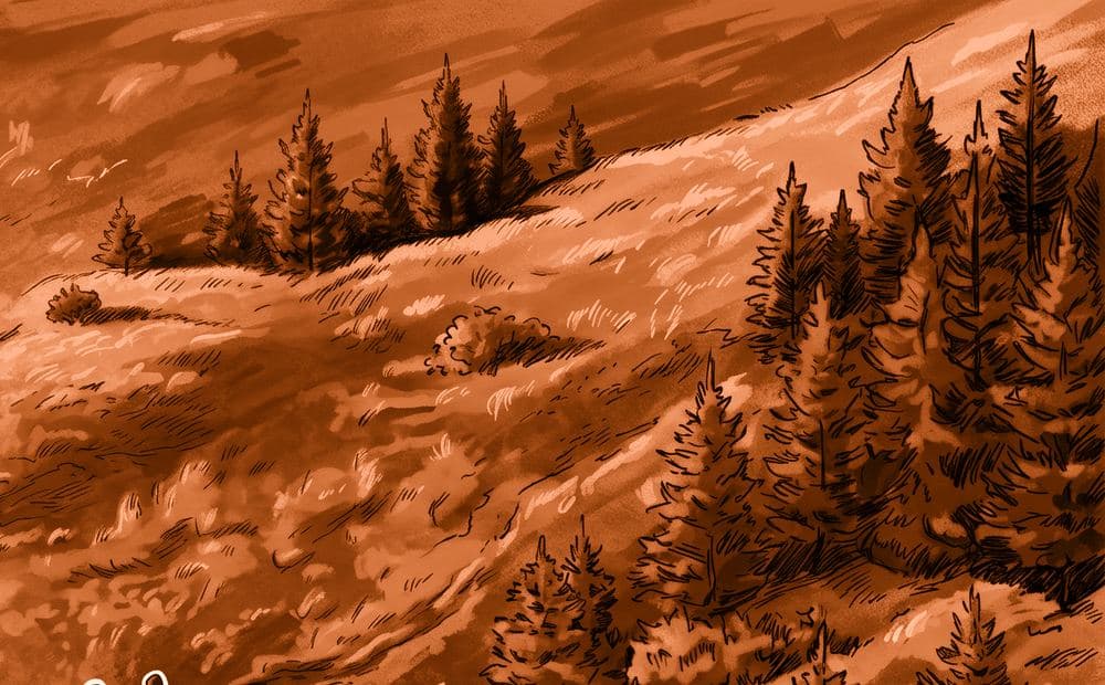 Trekkers on a sunlit ridge